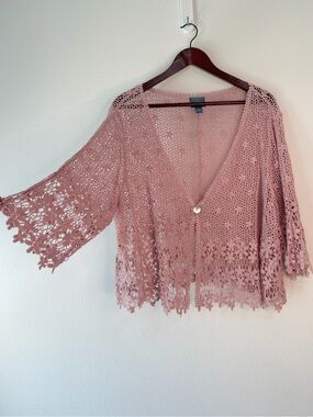 Vintage Dusty Rose Pink Crochet Knit Cardigan Sweater Womens 1X Boho Cottagecore